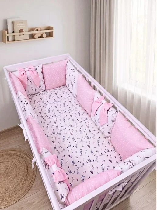 BABYTEX5 Бортики для новорожденных розовые с зайчиками и простынь, розовый, фото 8