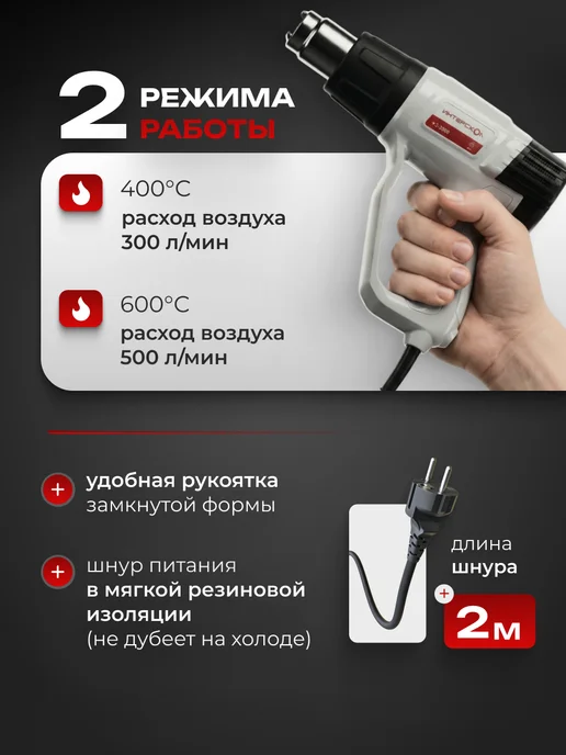 ИНТЕРСКОЛ Фен строительный электрический ФЭ-2000, 727.0.0.70, вариант, фото 2