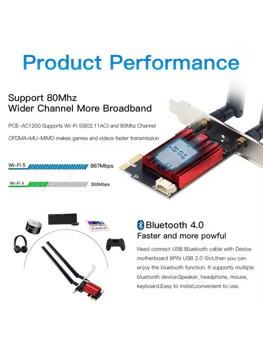 WiFi 5 AC1200 PCI-E сетевая карта 2.4 5 ГГц + Bluetooth 4.0, вариант, фото 3