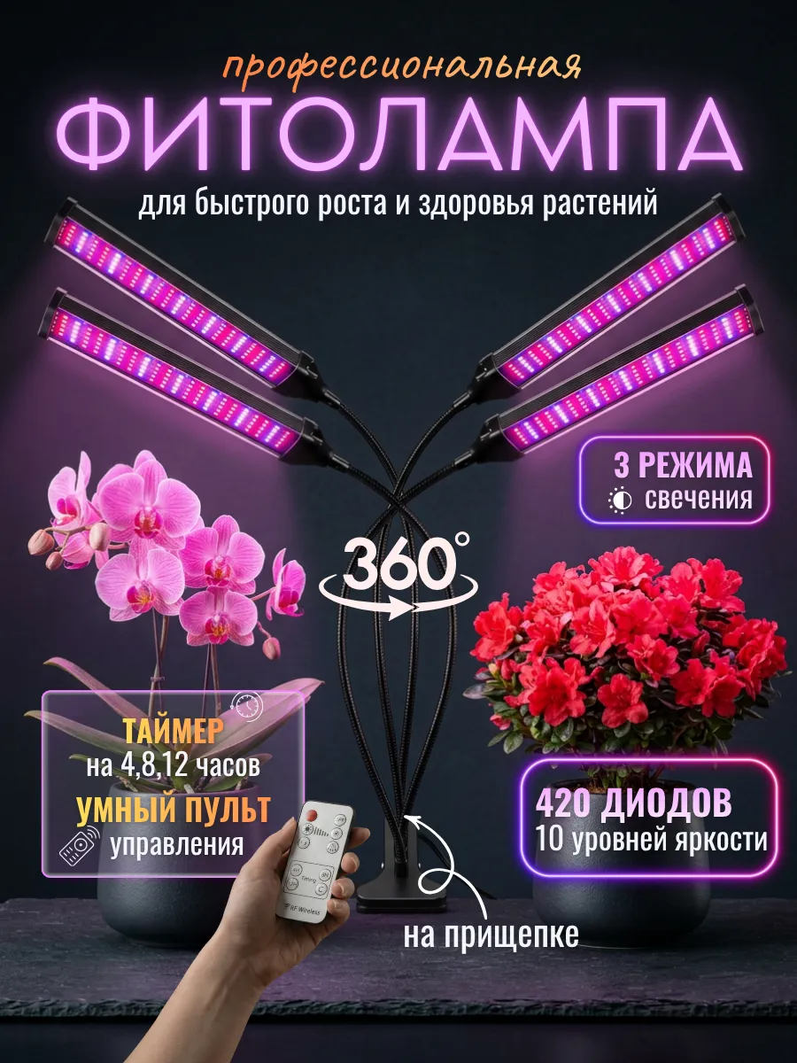 Фитолампа для растений, рассады и цветов на прищепке
