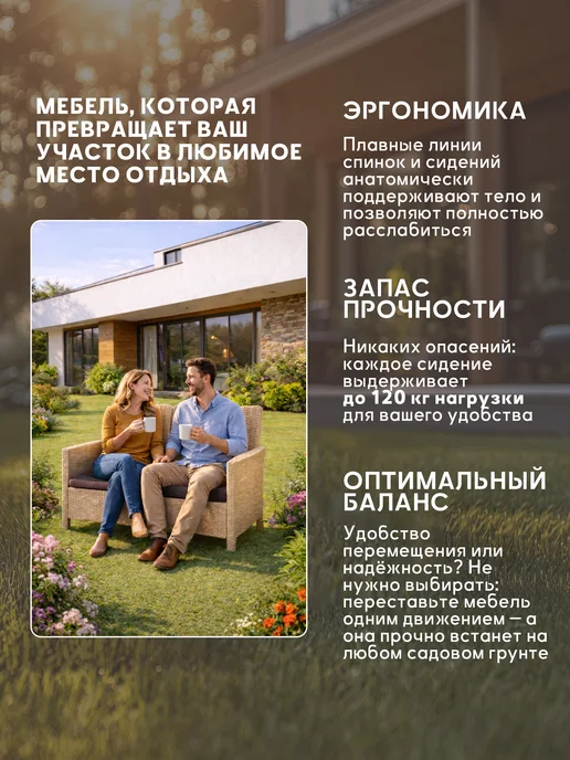 Диван садовый двухместный для дачи с подушкой, бежевый, фото 2