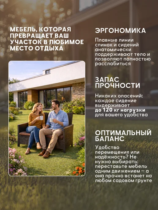 Диван садовый двухместный для дачи с подушкой, коричневый, фото 2