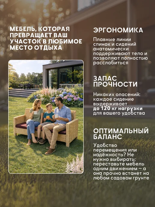 Диван садовый трехместный для дачи с подушками, бежевый, фото 2