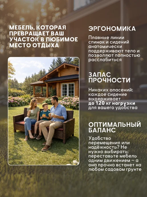 Диван садовый трехместный для дачи с подушками, коричневый, фото 2