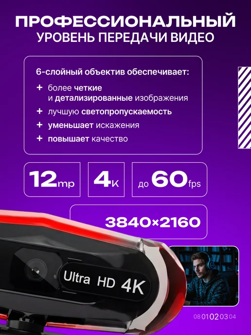 UPNOW Веб-камера 4К с подсветкой и микрофоном, черный, фото 2