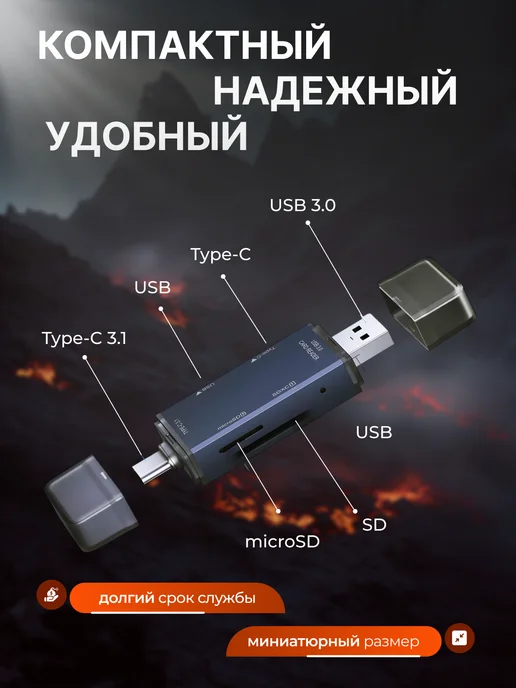 Картридер с брелком для карт памяти USB, SD и Micro SD, TF, черный, фото 2