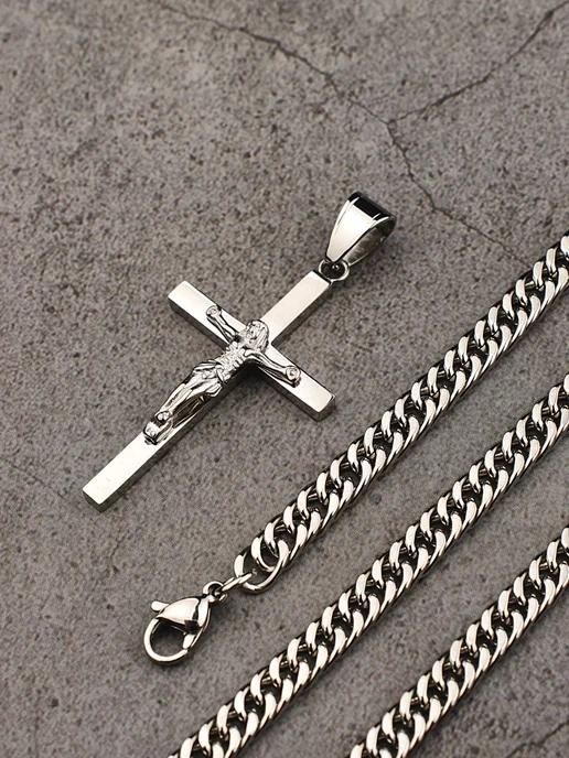 NEW COLLECTION №1 Толстая цепочка с крестом на шею медицинская сталь освящен, серый, фото 3