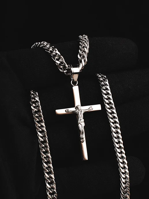 NEW COLLECTION №1 Толстая цепочка с крестом на шею медицинская сталь освящен, серый, фото 6