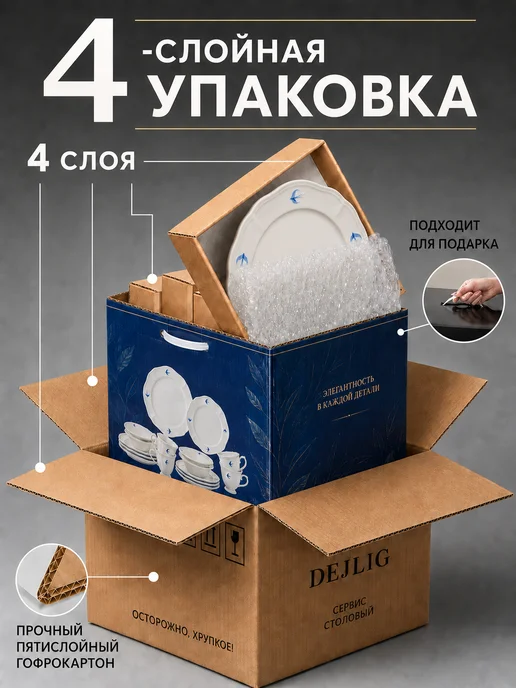 Набор посуды столовой на 4 персон,синий фарфор, белый, фото 3