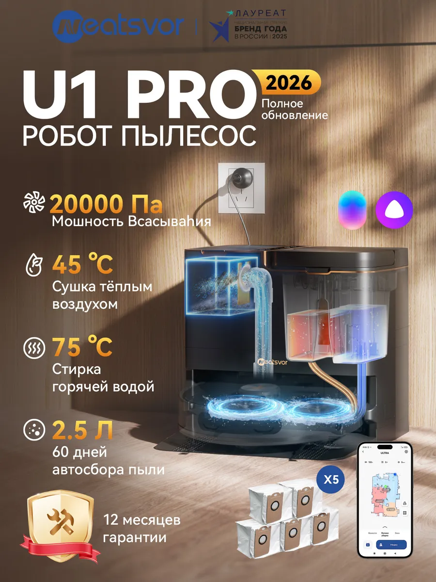 Neatsvor U1PRO робот пылесос с тягой 20000 Па и станцией самоочистки