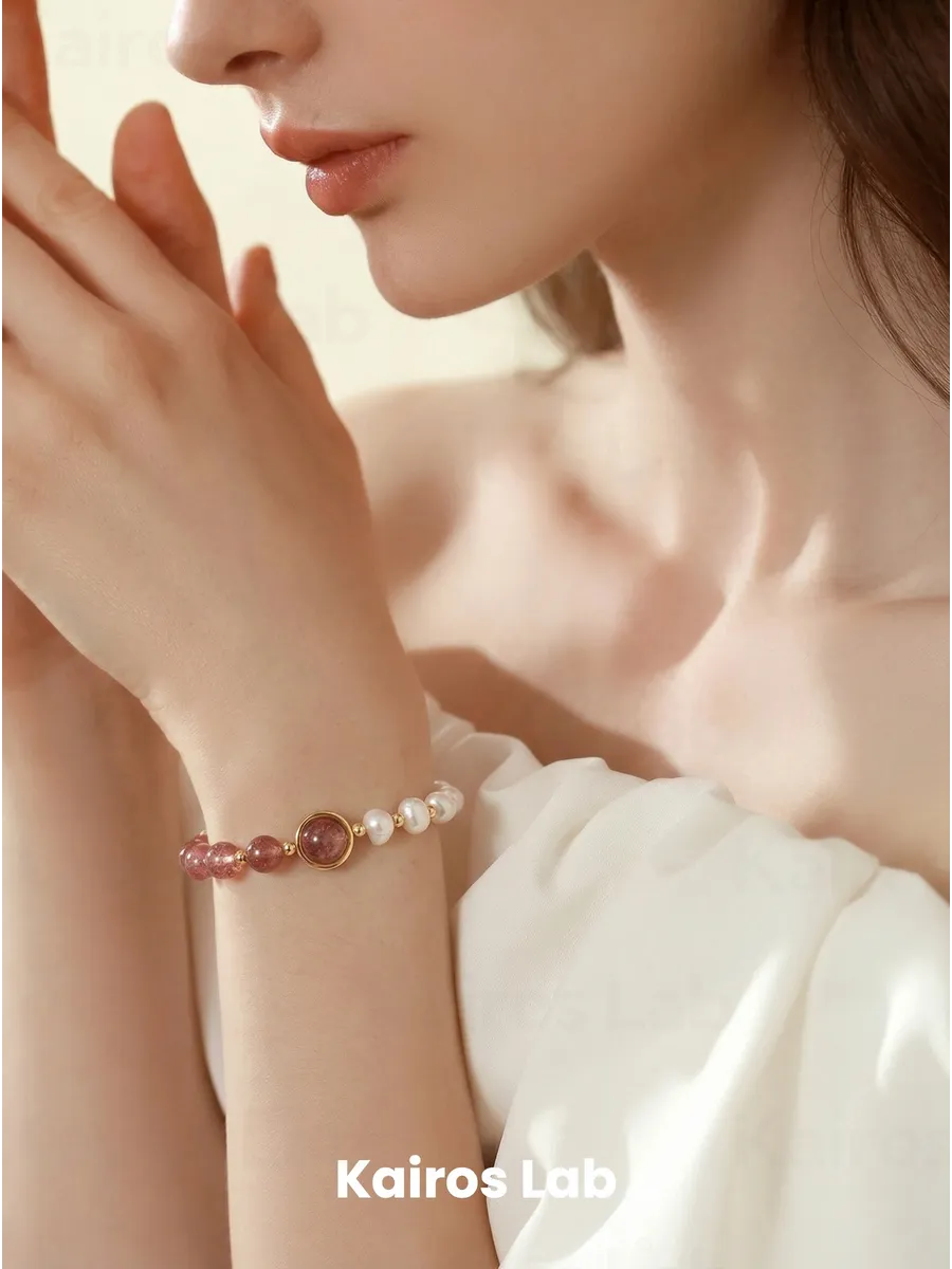 Браслет клубничный кварц жемчуг натуральный камень — 1