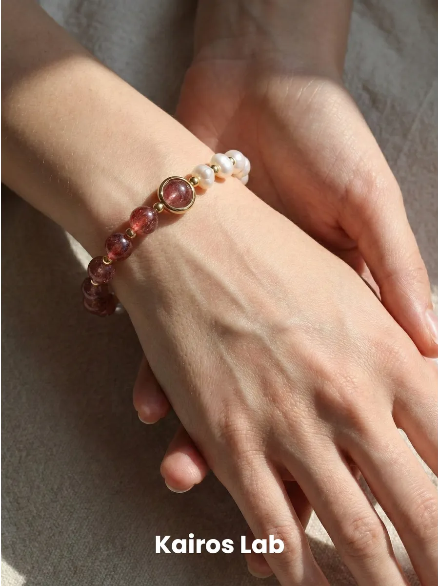 Браслет клубничный кварц жемчуг натуральный камень — миниатюра 2