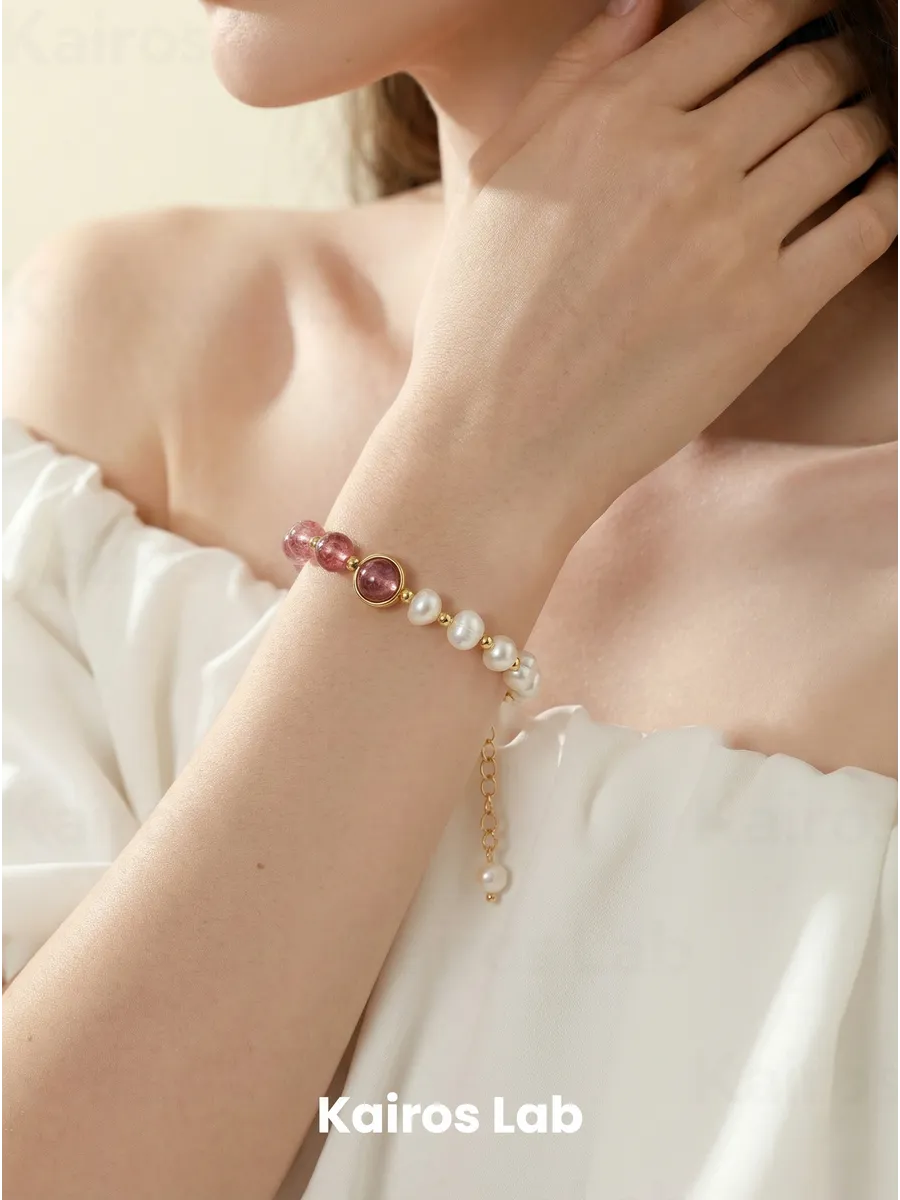 Браслет клубничный кварц жемчуг натуральный камень — миниатюра 3