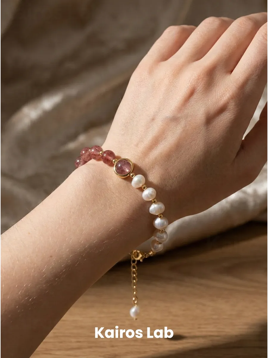 Браслет клубничный кварц жемчуг натуральный камень — миниатюра 4