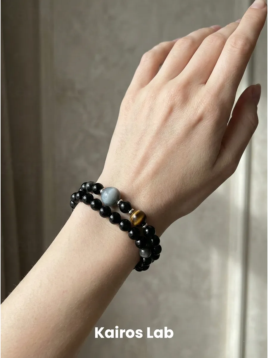 Браслет обсидиан тигровый глаз натуральный камень — 1