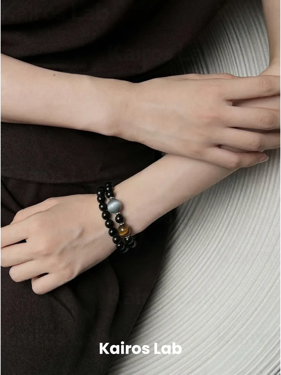 Браслет обсидиан тигровый глаз натуральный камень — миниатюра 4