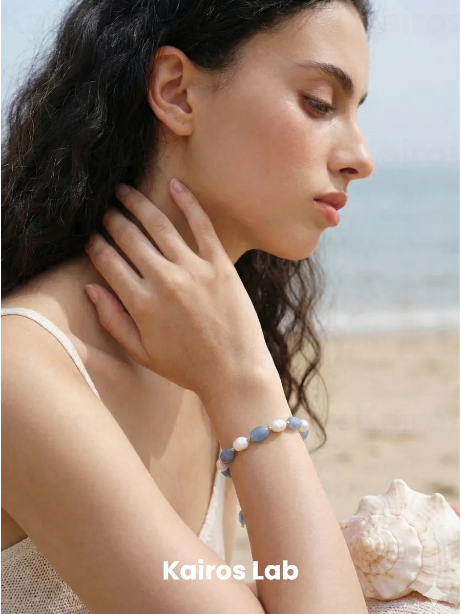 Браслет голубой авантюрин жемчуг натуральный камень — миниатюра 3