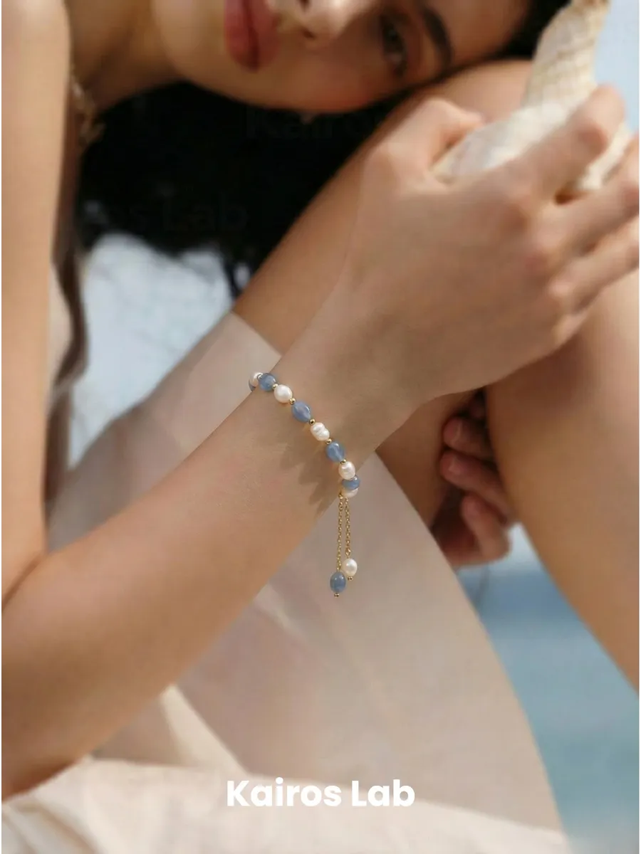 Браслет голубой авантюрин жемчуг натуральный камень — миниатюра 4