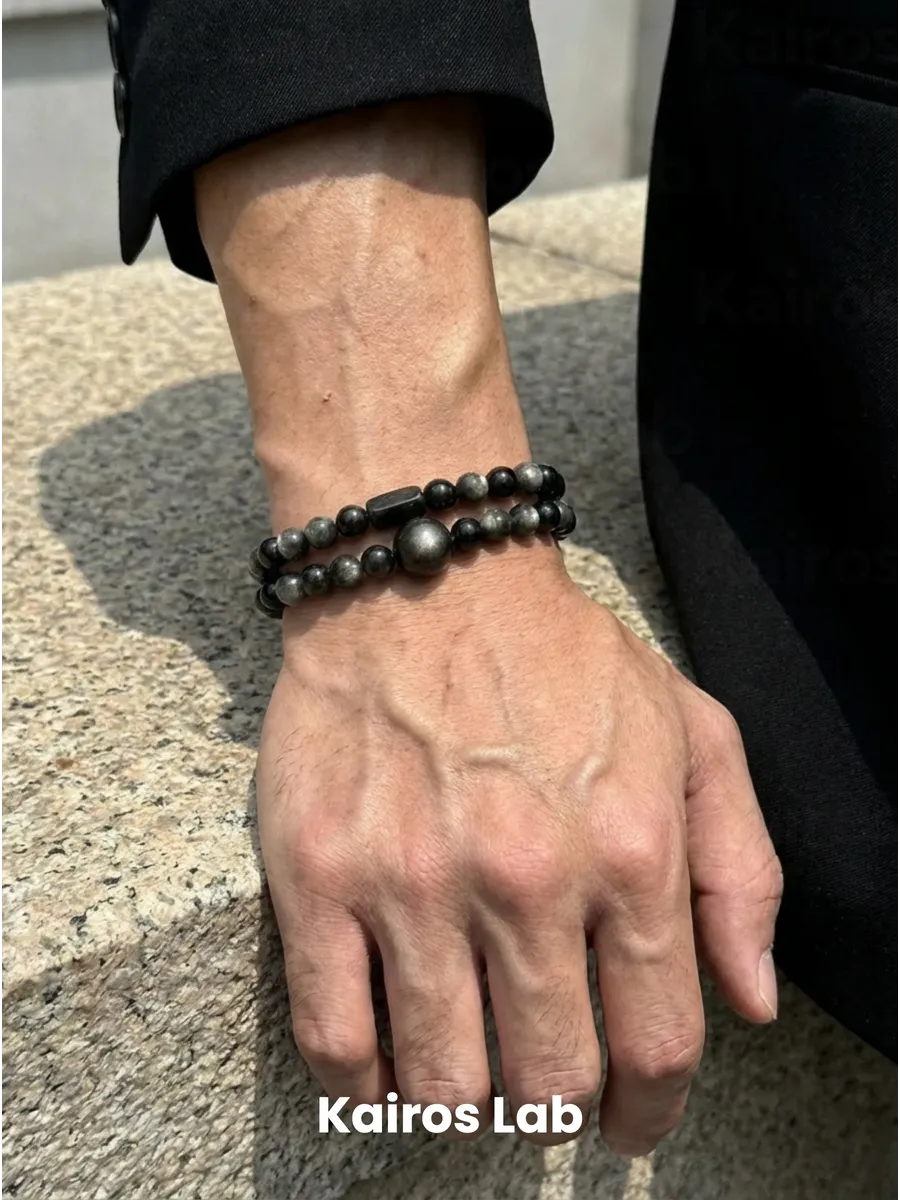 Браслет серебристый обсидиан эбеновое дерево — 1