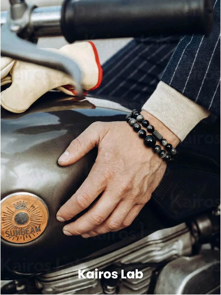 Браслет серебристый обсидиан эбеновое дерево — фото 3