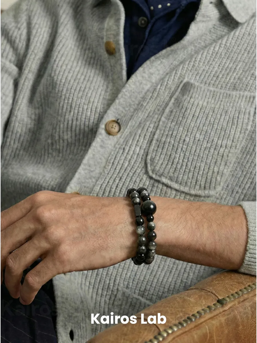 Браслет серебристый обсидиан эбеновое дерево — фото 4