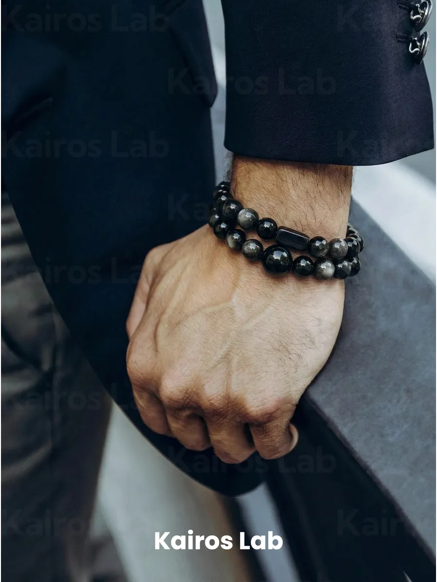 Браслет серебристый обсидиан эбеновое дерево — фото 5