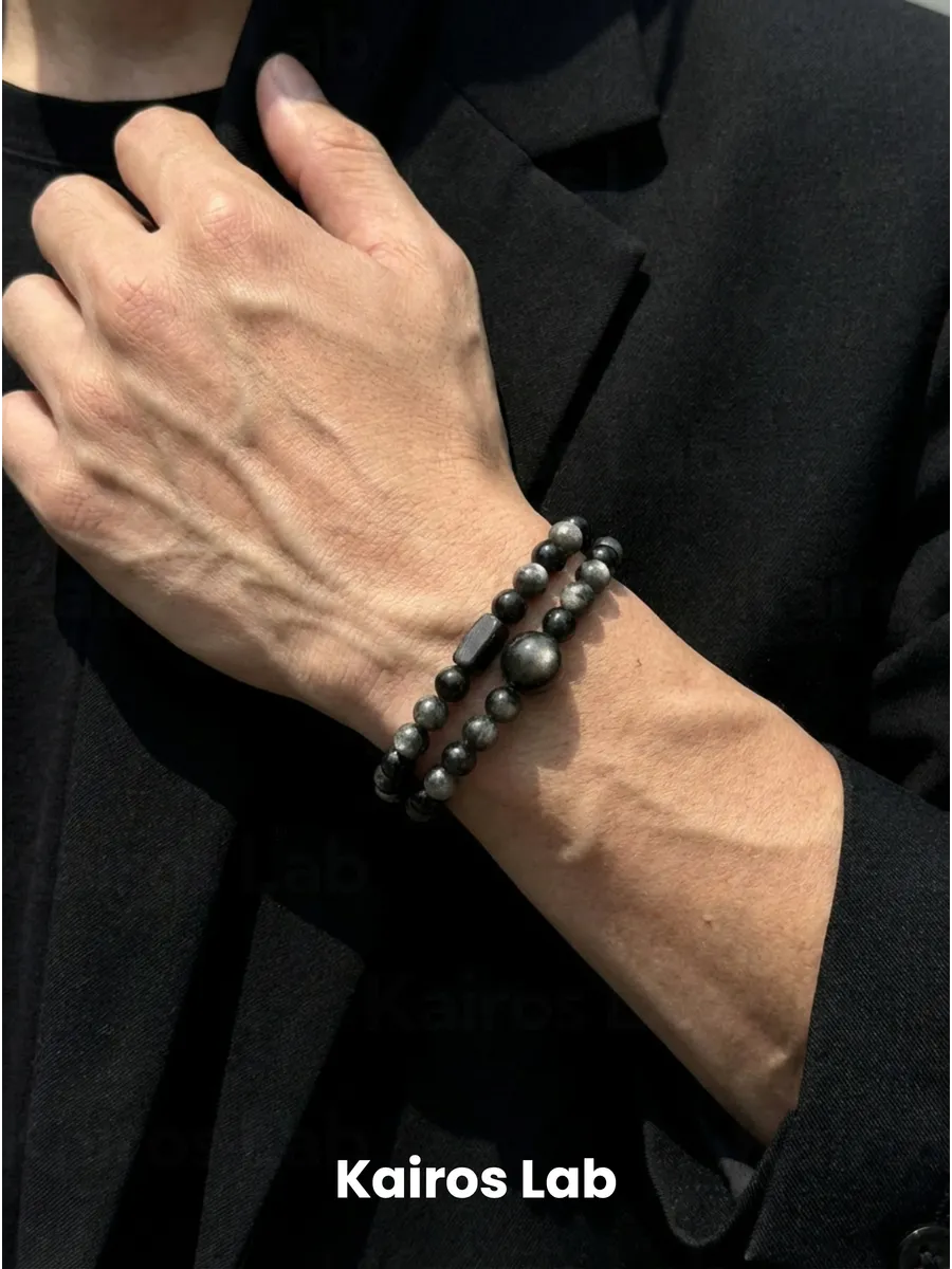 Браслет серебристый обсидиан эбеновое дерево — фото 6