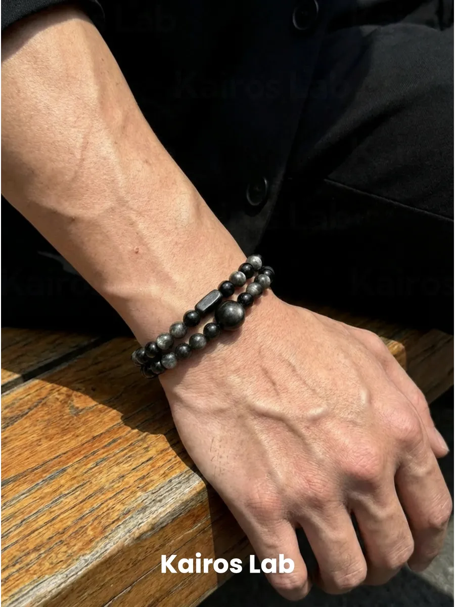 Браслет серебристый обсидиан эбеновое дерево — фото 7