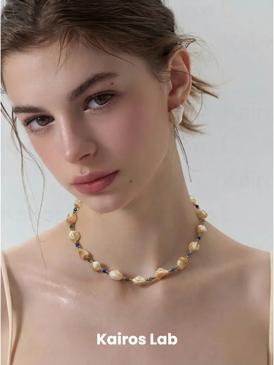 Колье ракушка лазурит зелёный агат натуральный камень — 1