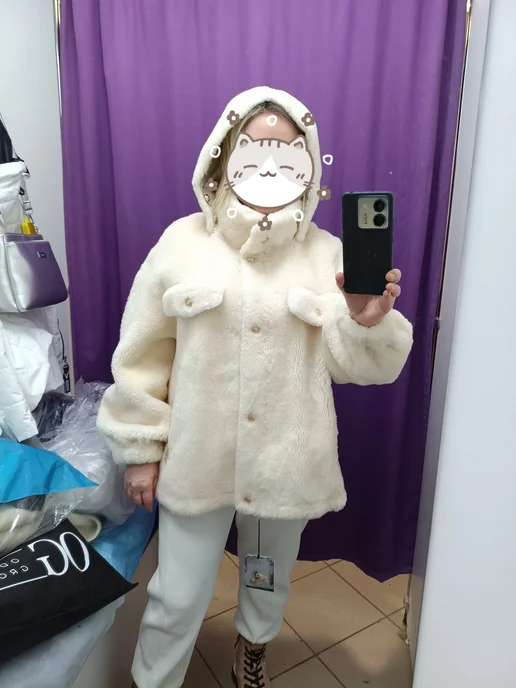Mishele Дубленка двухсторонняя шуба короткая с капюшоном, белый, фото 2