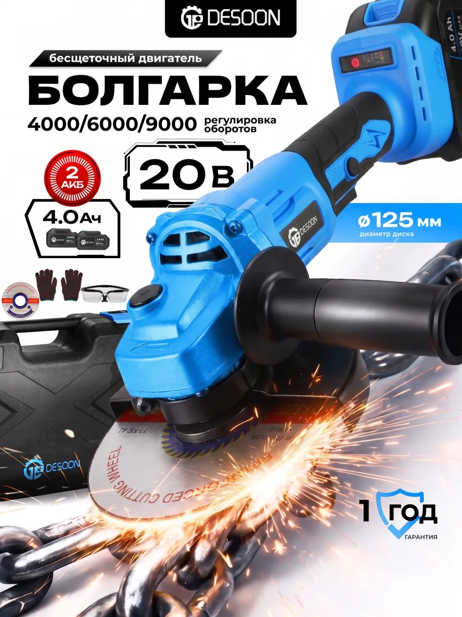 Болгарка аккумуляторная бесщеточная 20В 2АКБ х 4.0Ач в кейсе