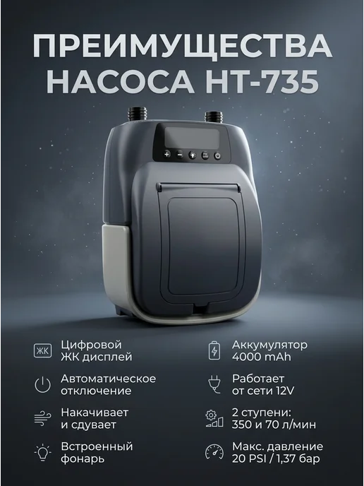 Salwani Насос для лодки ПВХ аккумуляторный двухступенчатый HT-735, серый, фото 2