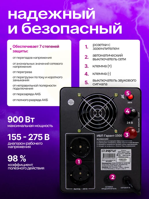 ЭТК Энергия Источник бесперебойного питания ИБП Гарант 1500 24В 1500 ВА, вариант, фото 2
