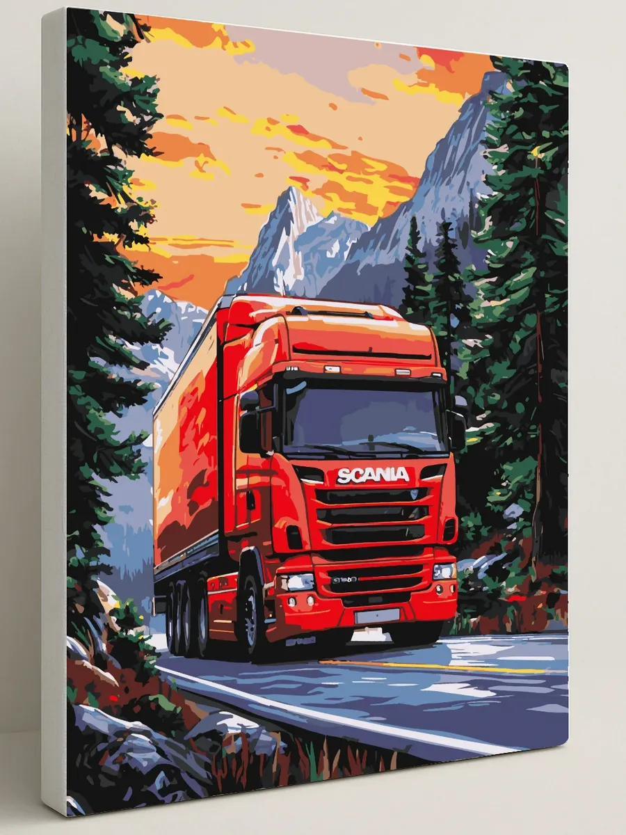 Картина по номерам — Красная фура Scania на горной дороге — 40×50 см