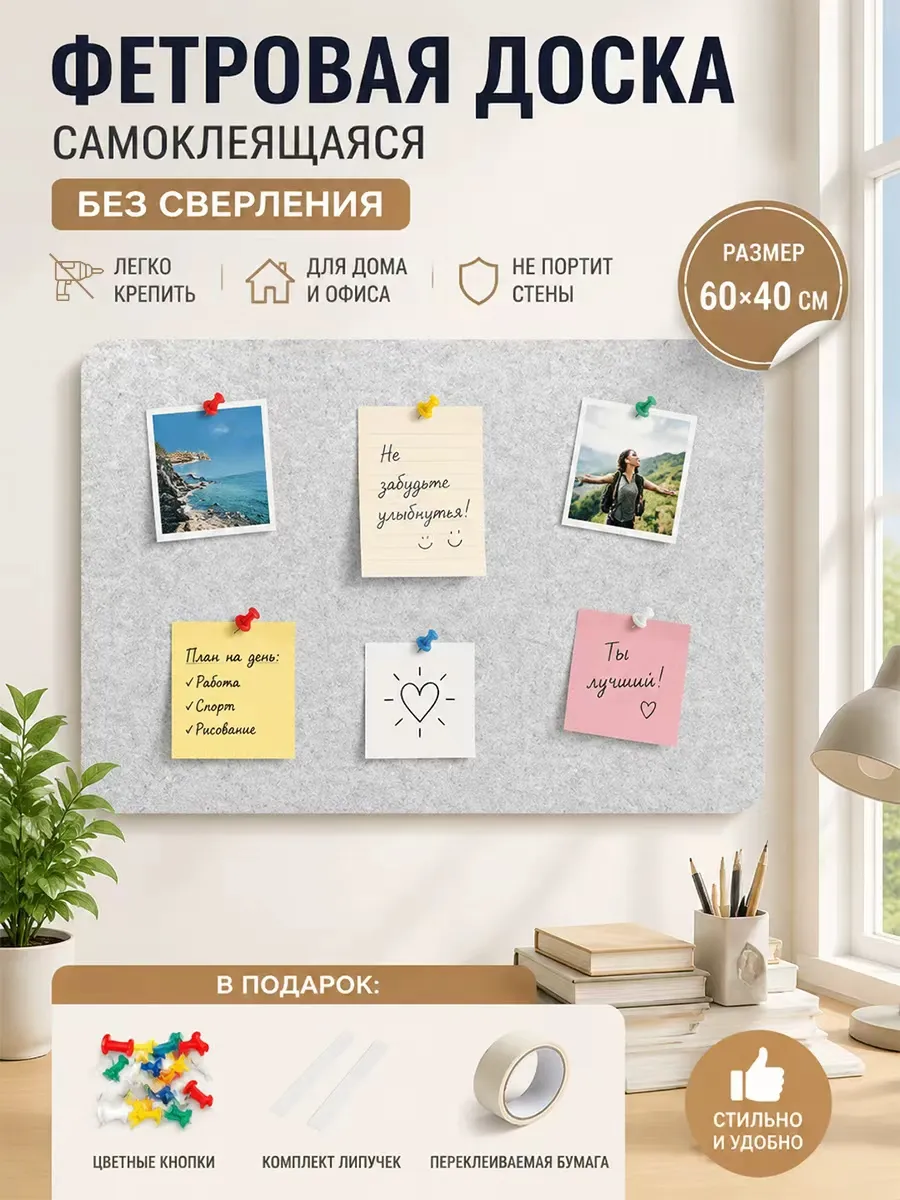 Доска для заметок и фото на стену 40x60 см