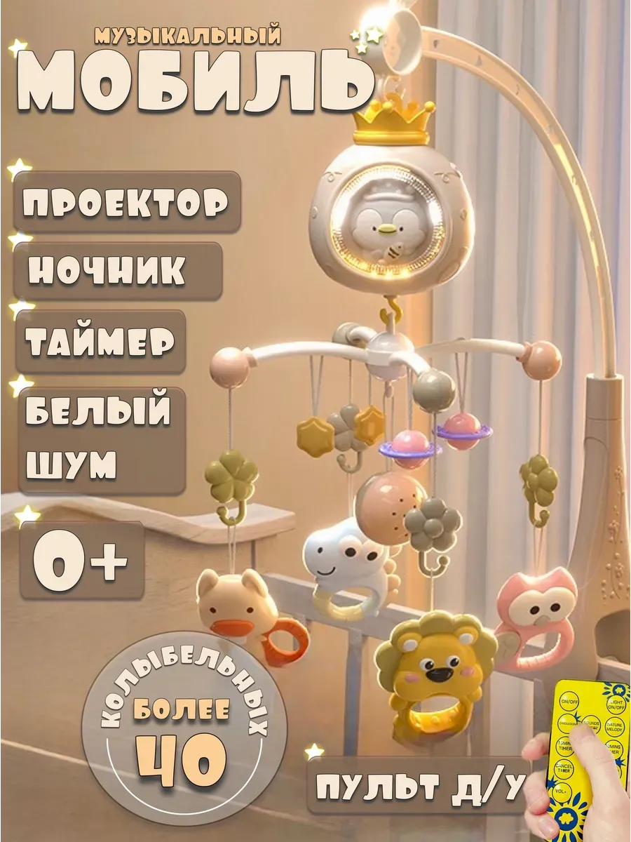 Музыкальный мобиль с проектором и ночником для новорождённых