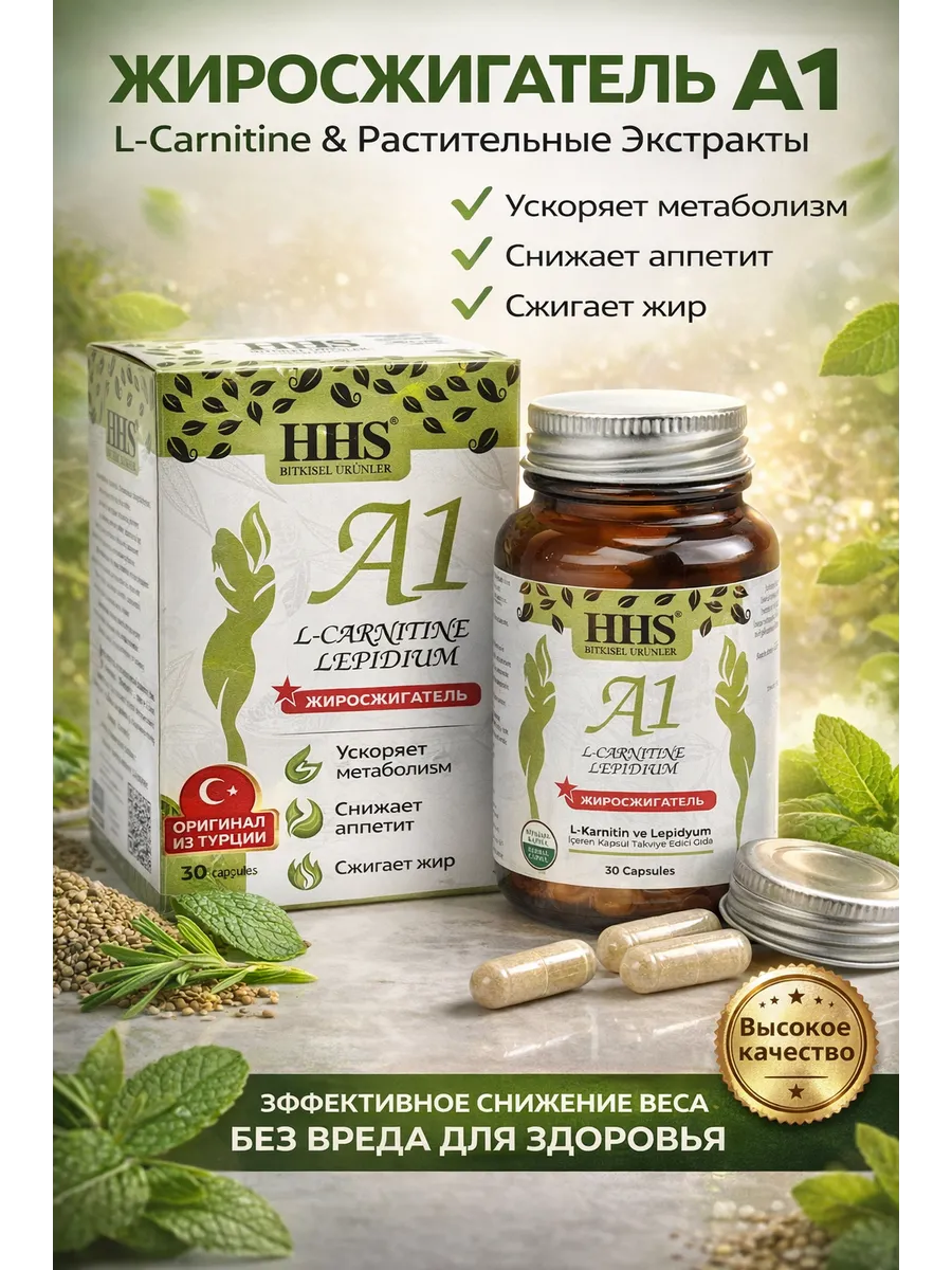 Жиросжигатель A1 L-Carnitine Lepidium – капсулы для похудения, контроля аппетита и энергии, 30 капсул