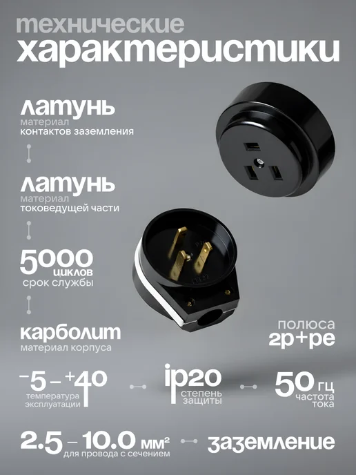 UNIV Силовая розетка и вилка 32А с заземлением для электроплит, черный, фото 2