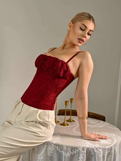 ELLEMODA Kika brand Корсет женский кружевной вечерний топ на бретелях, красный, фото 7