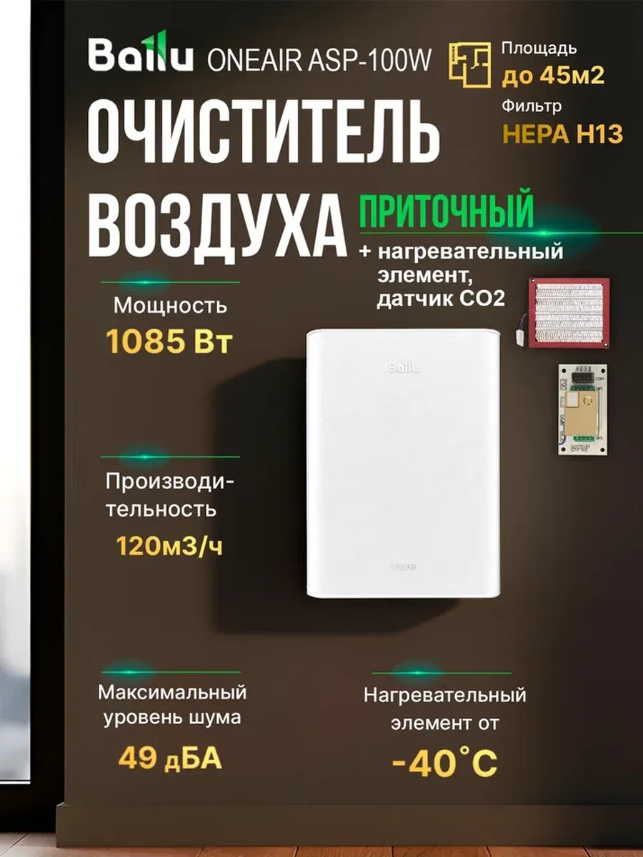 Бризер Ballu OneAir ASP-100WM c нагревом и датчиком CO2
