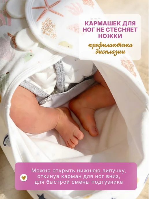 Уютная коллекция Пеленка кокон для новорожденных на липучках с шапочкой, белый, фото 3