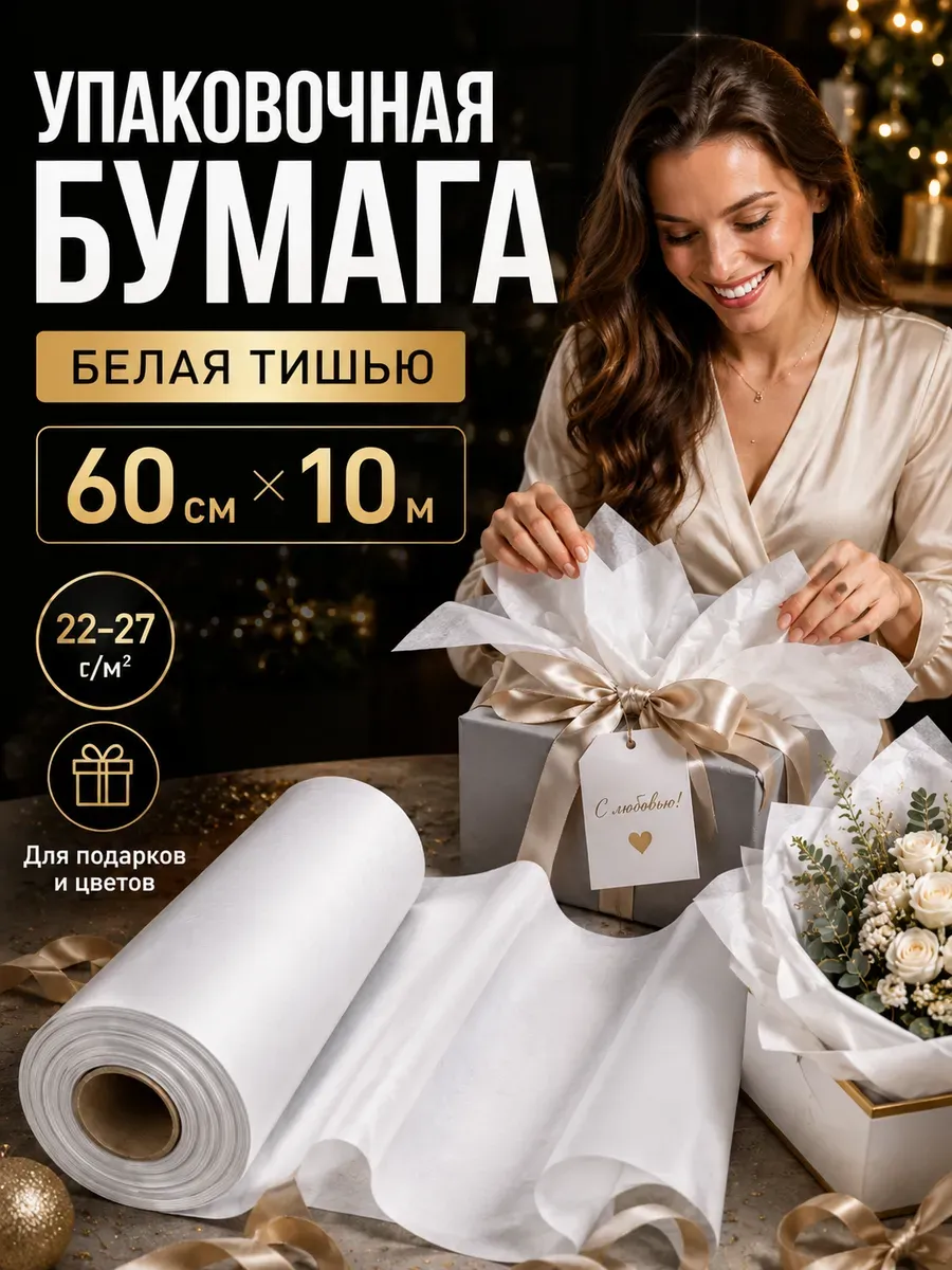 Подарочная упаковка бумага тишью белая рулон 60*1000