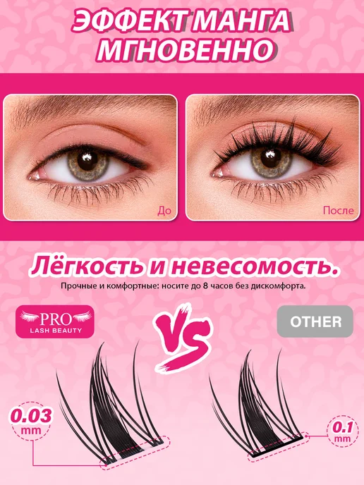 PROLASHBEAUTY Накладные ресницы пучки с клеем 6 в 1 набор 8-18мм (ФЕЯ), черный, фото 6