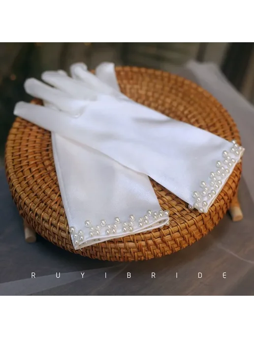 Свадебные короткие перчатки из атласа с жемчугом, белый, фото 3