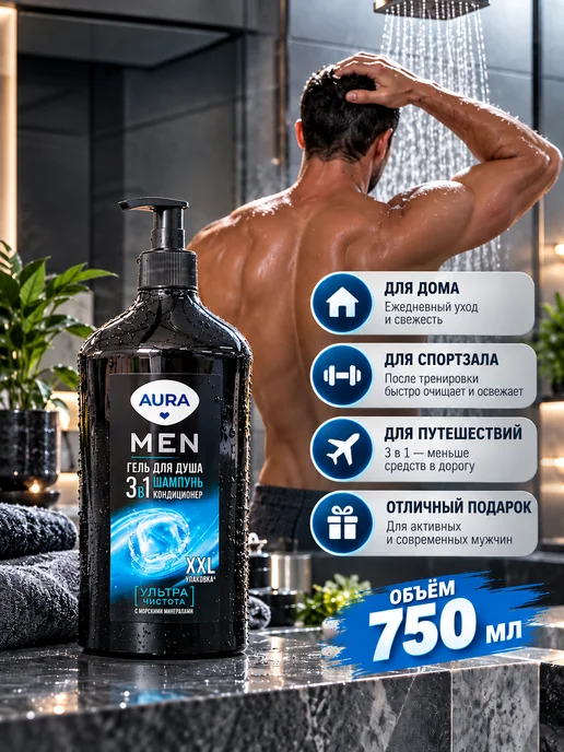 Гель для душа 3 в 1 мужской с дозатором Гель для душа Aura, Men 3в1 Ультра чистота, 750 мл, 750 мл, фото 4