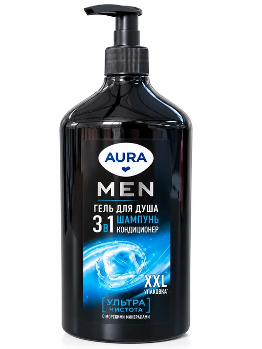 Гель для душа 3 в 1 мужской с дозатором Гель для душа Aura, Men 3в1 Ультра чистота, 750 мл, 750 мл, фото 5