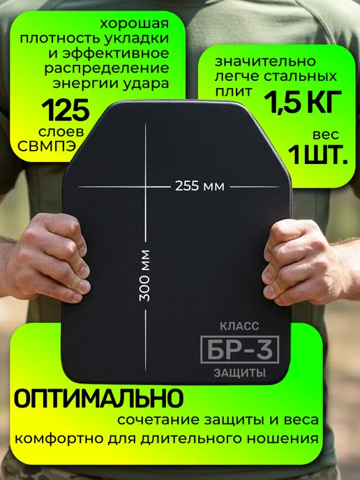 Бронеплита для бронежилета бронепластина Бр3 СВМПЭ, черный, фото 2