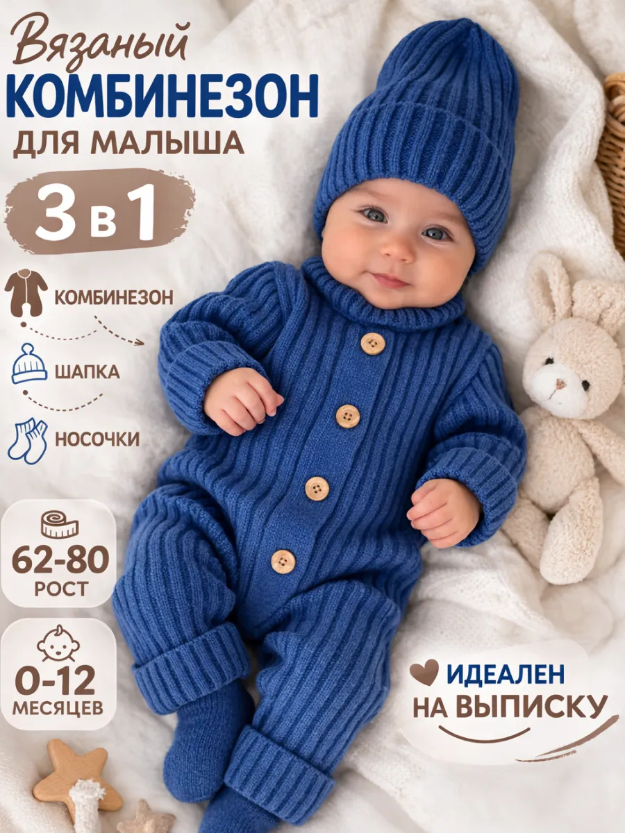 Вязаный комбинезон на выписку для новорожденных комплект