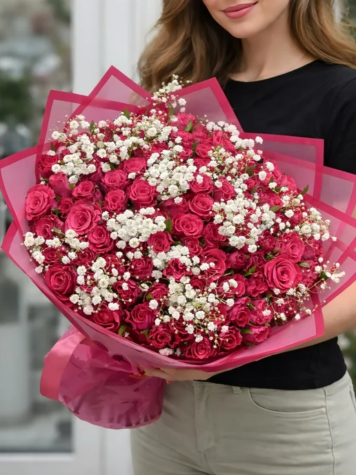 ROZA4U Букет живых цветов 101 малиновая роза с гипсофилой, белый, фото 3