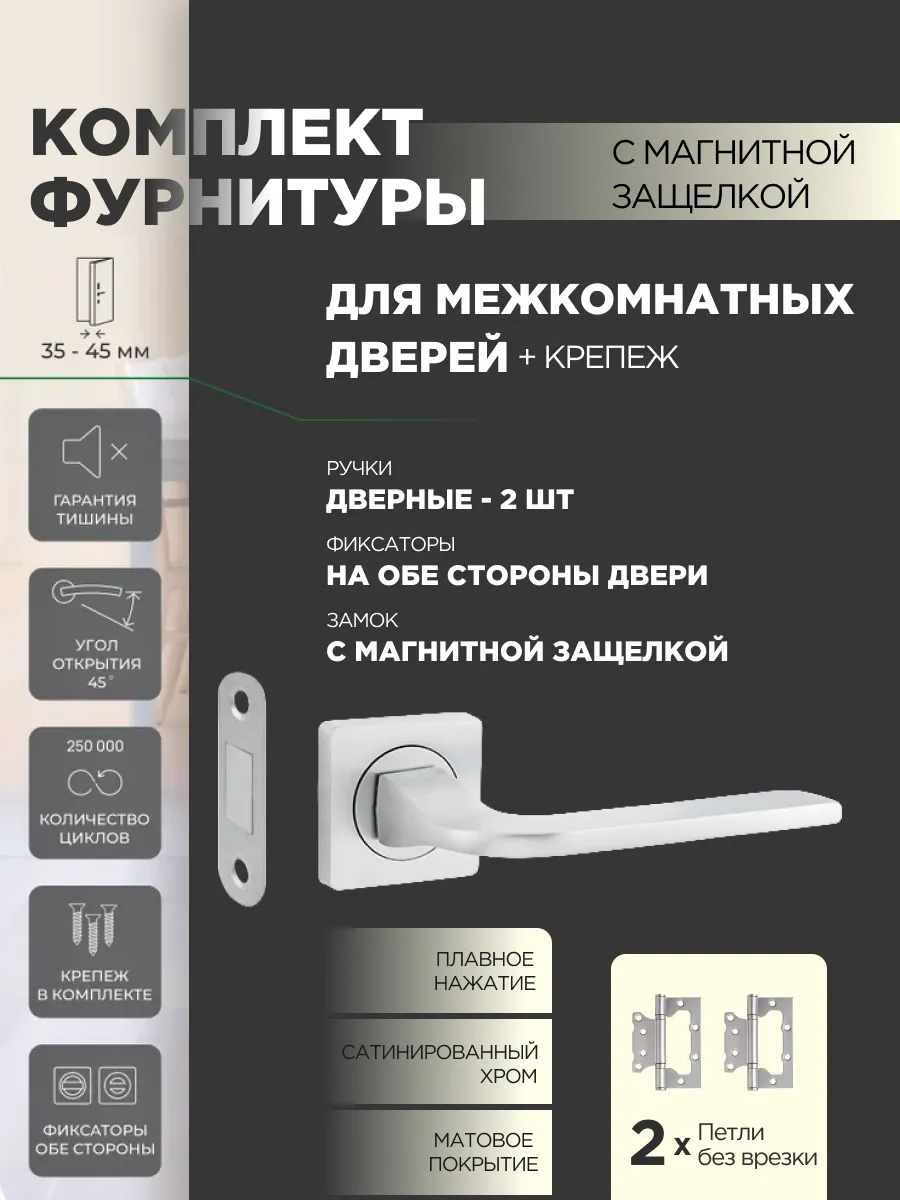 Комплект для двери межкомнатной хром - ручка, петли, защелка